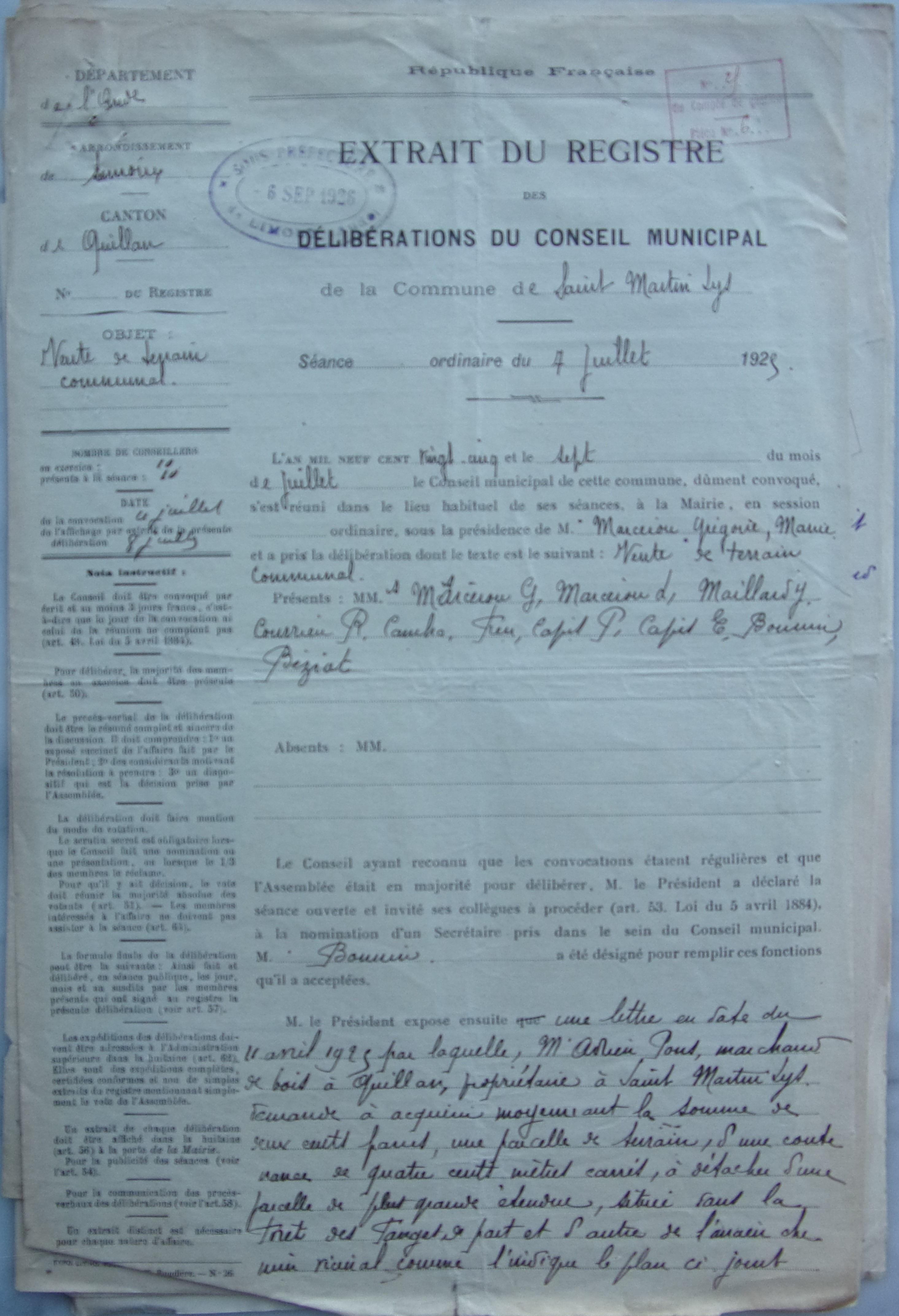 07 juillet 1925 - Délibération du conseil municipal - vente terrain communal p1 v2