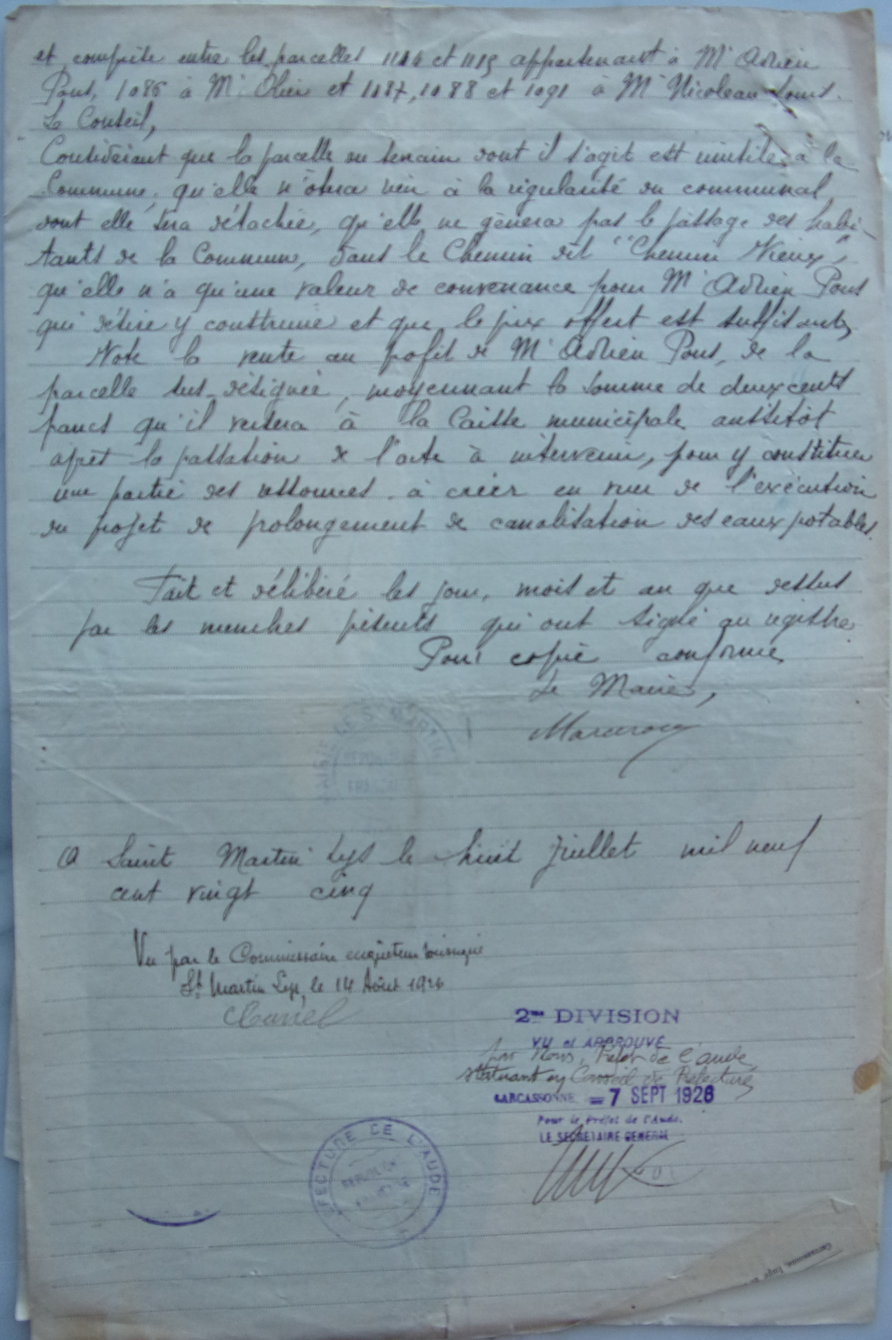 07 juillet 1925 - Délibération du conseil municipal - vente terrain communal p2 v2