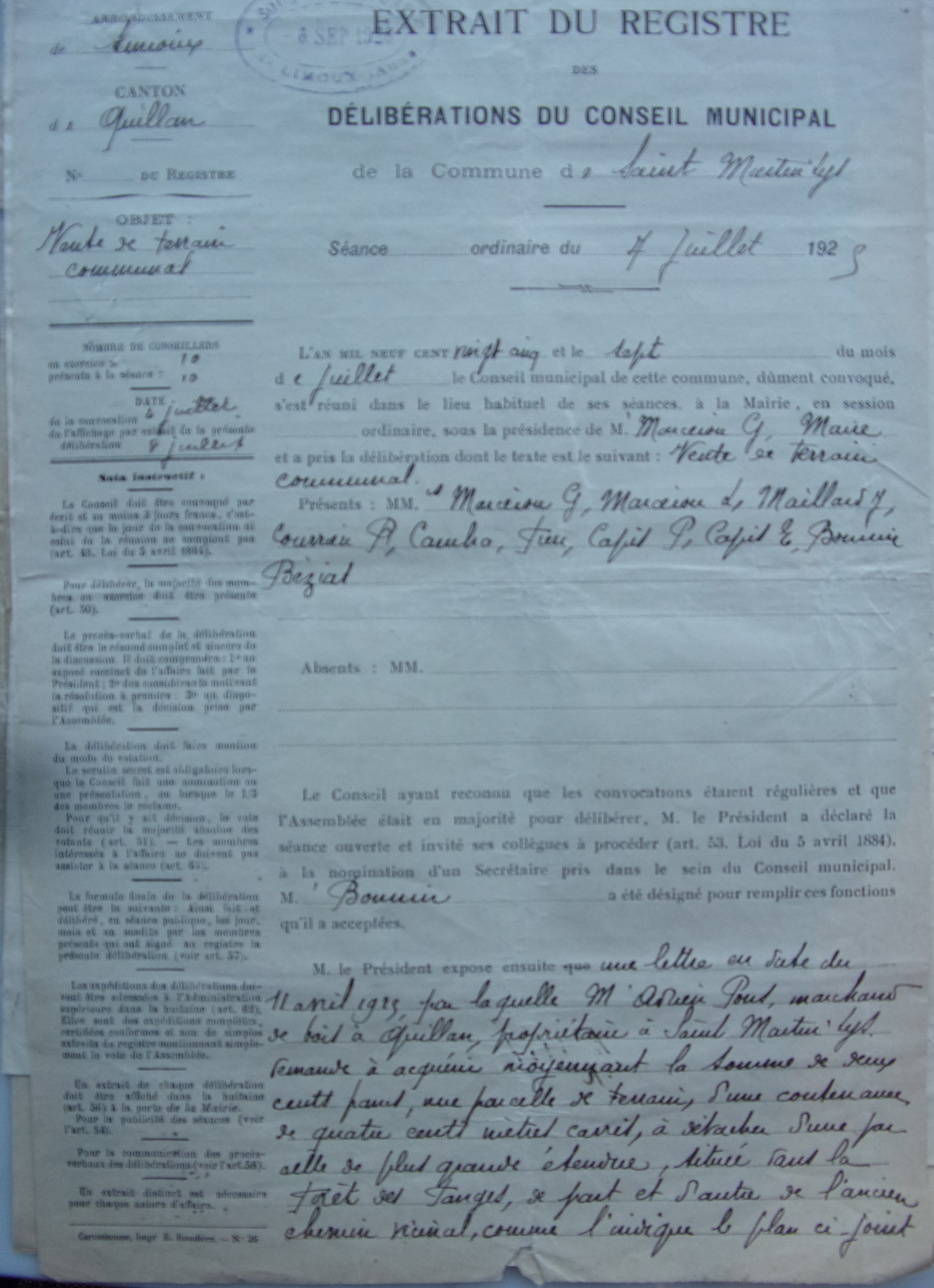 07 juillet 1925 - Délibération du conseil municipal - vente terrain communal p1 v1