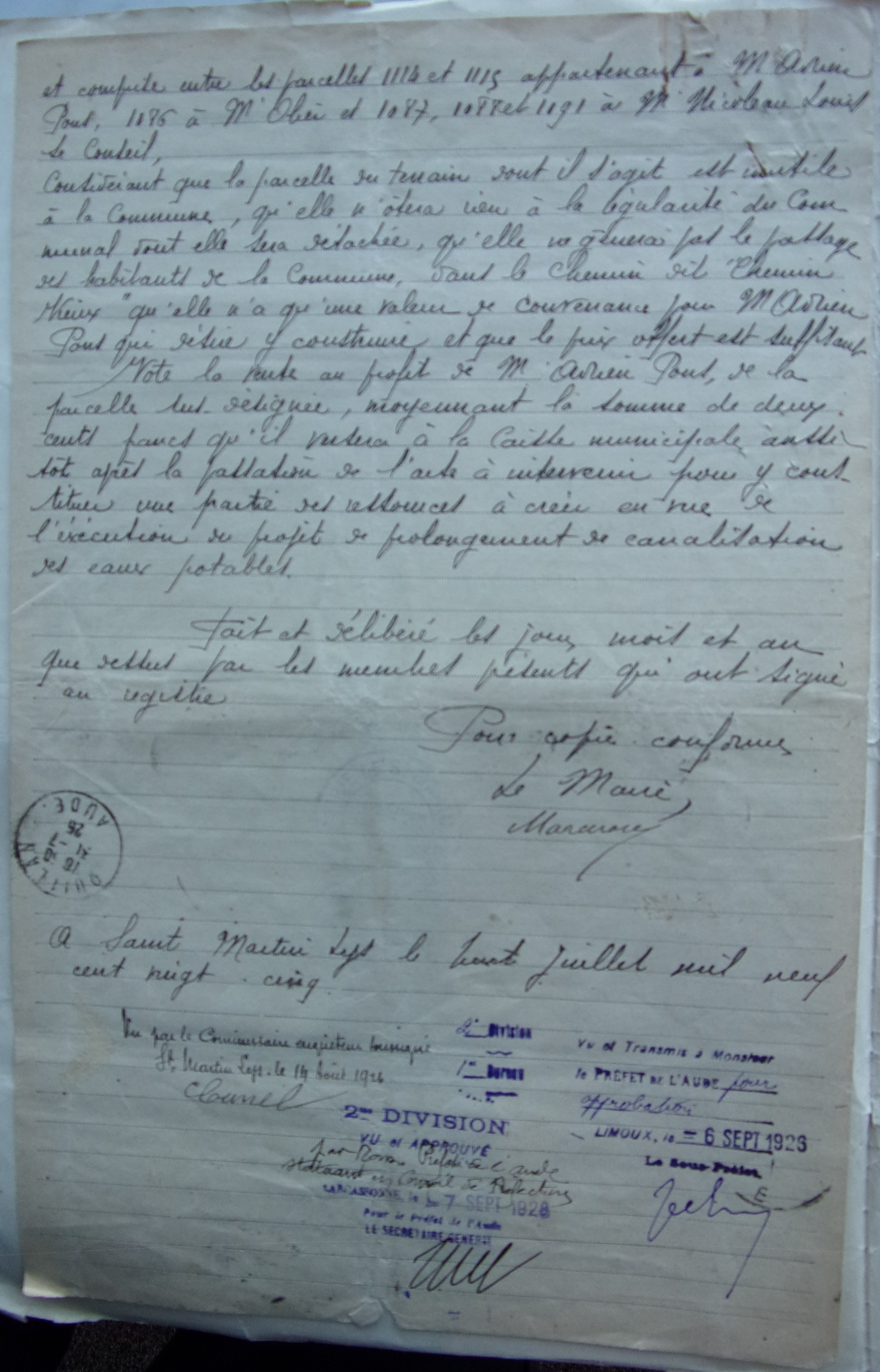 07 juillet 1925 - Délibération du conseil municipal - vente terrain communal p2 v1