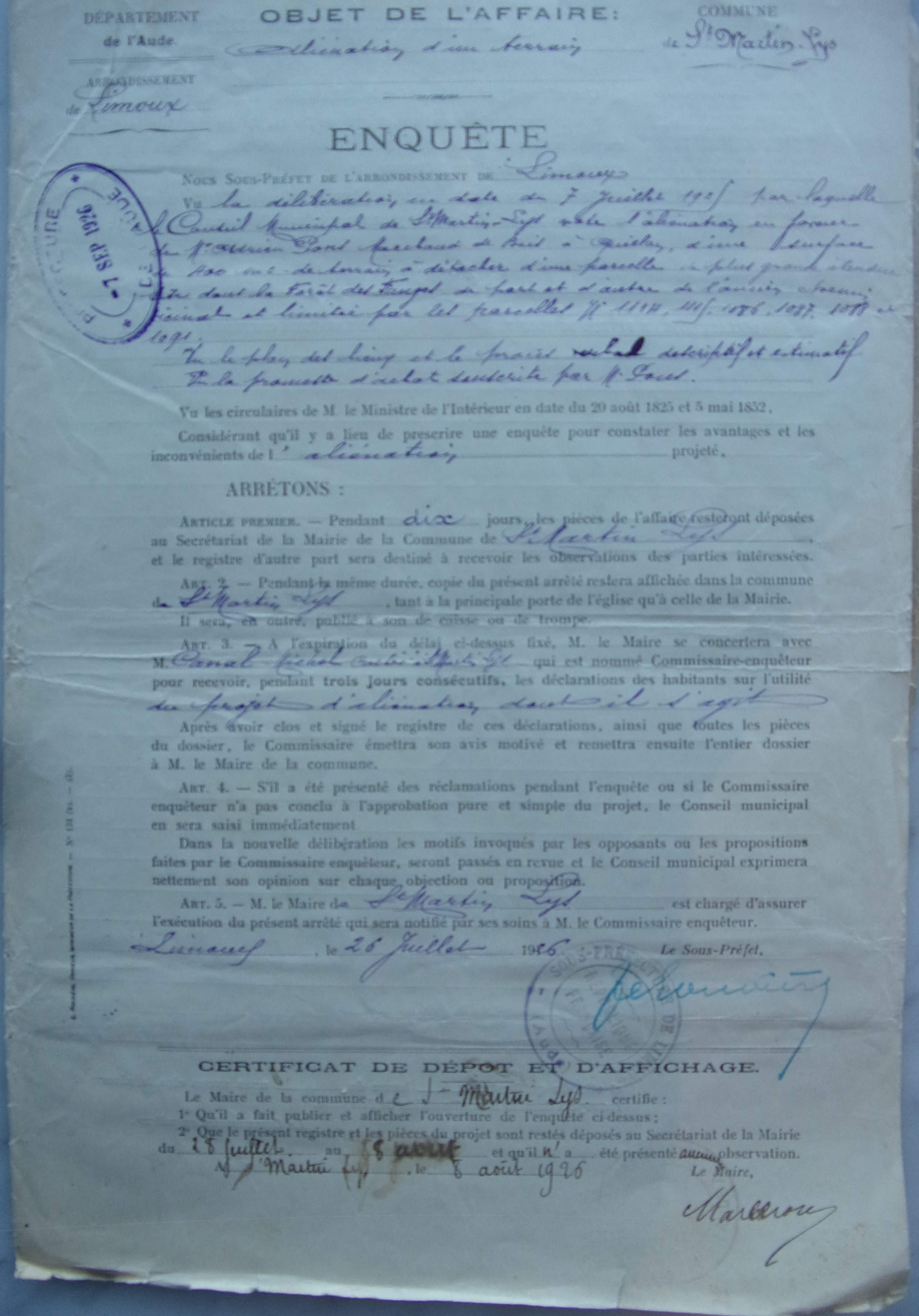 26 juillet 1926 - Enquête sur l'aliénation du terrain des Fanges par Adrien Pons p1