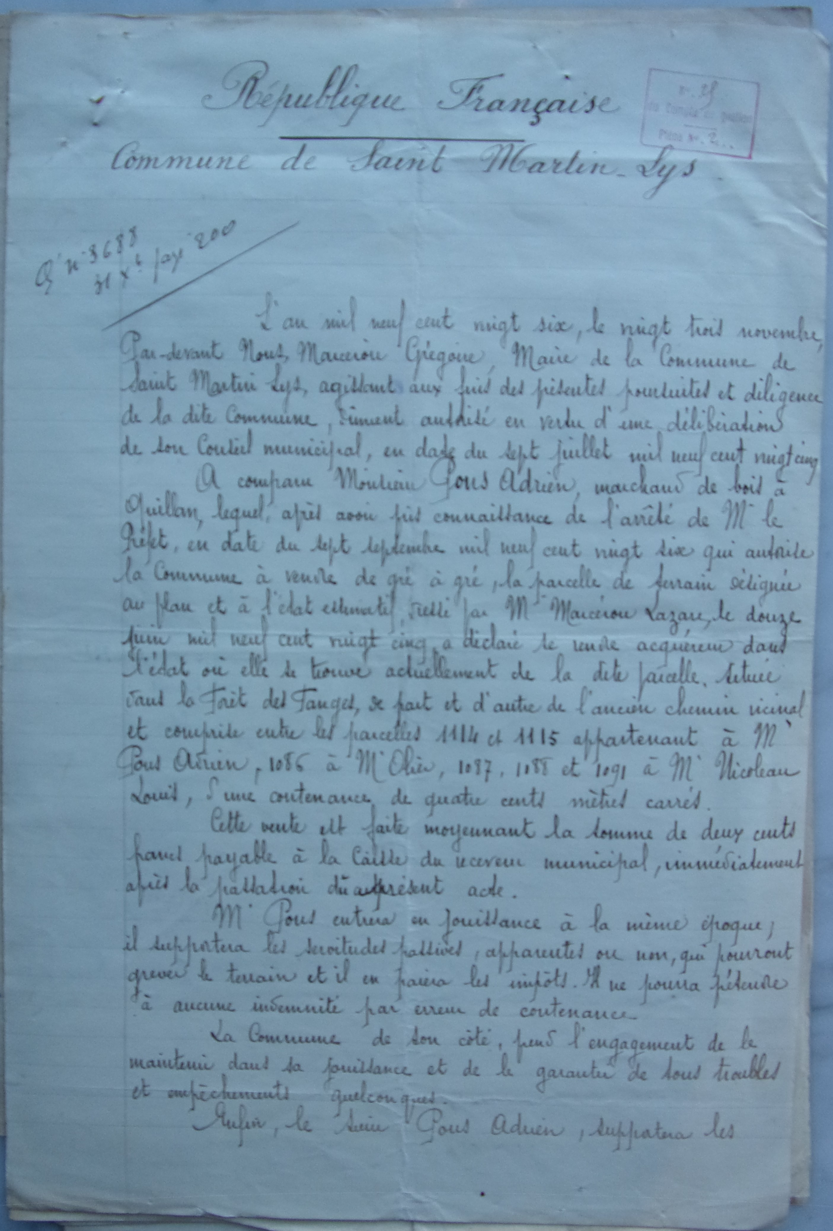 23 novembre 1926 - Acte de vente du terrain communal à Adrien Pons p1