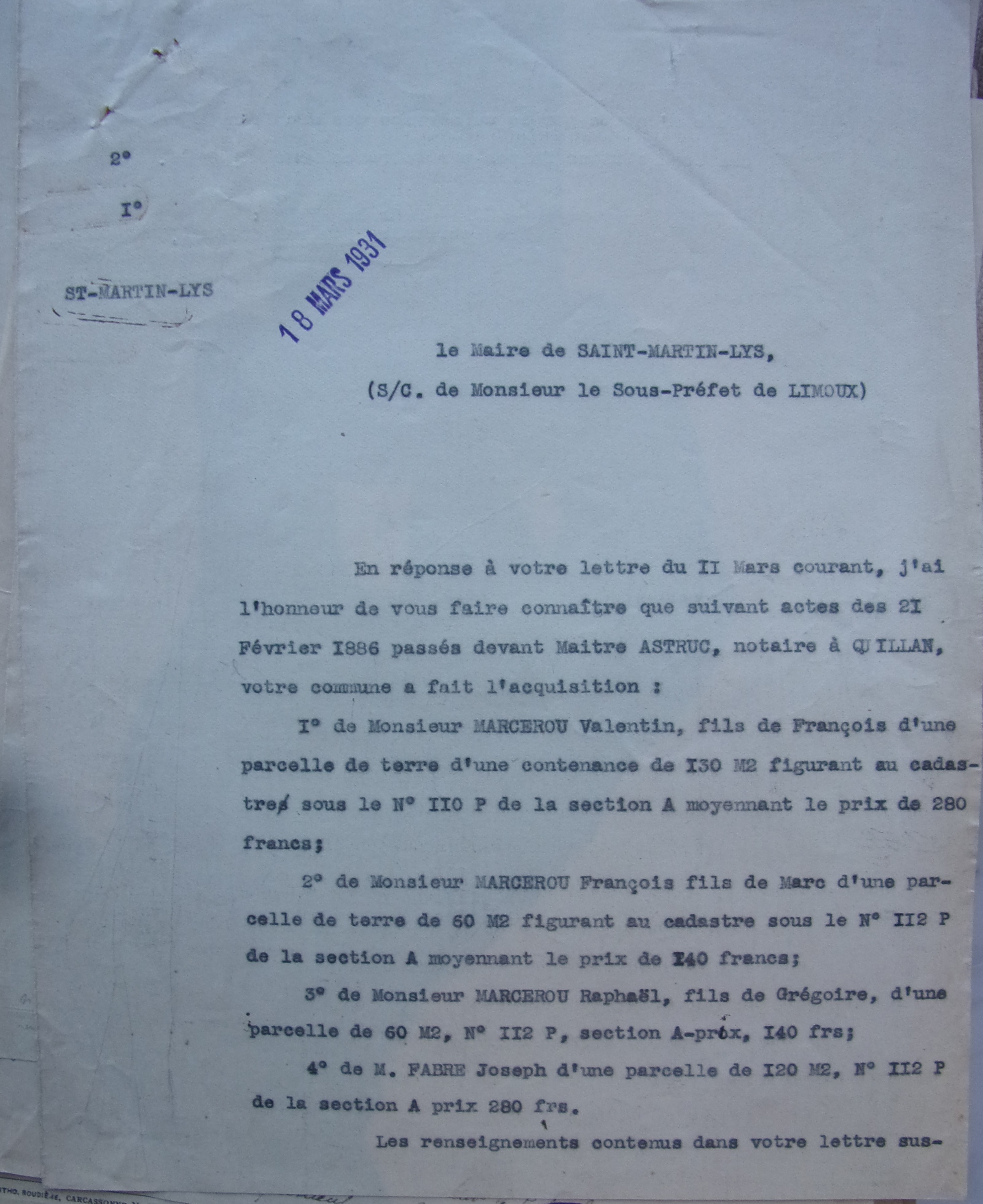 18 mars 1931 - Réponse du préfet au maire par rapport aux achats de terrains du 21 février 1886 p1