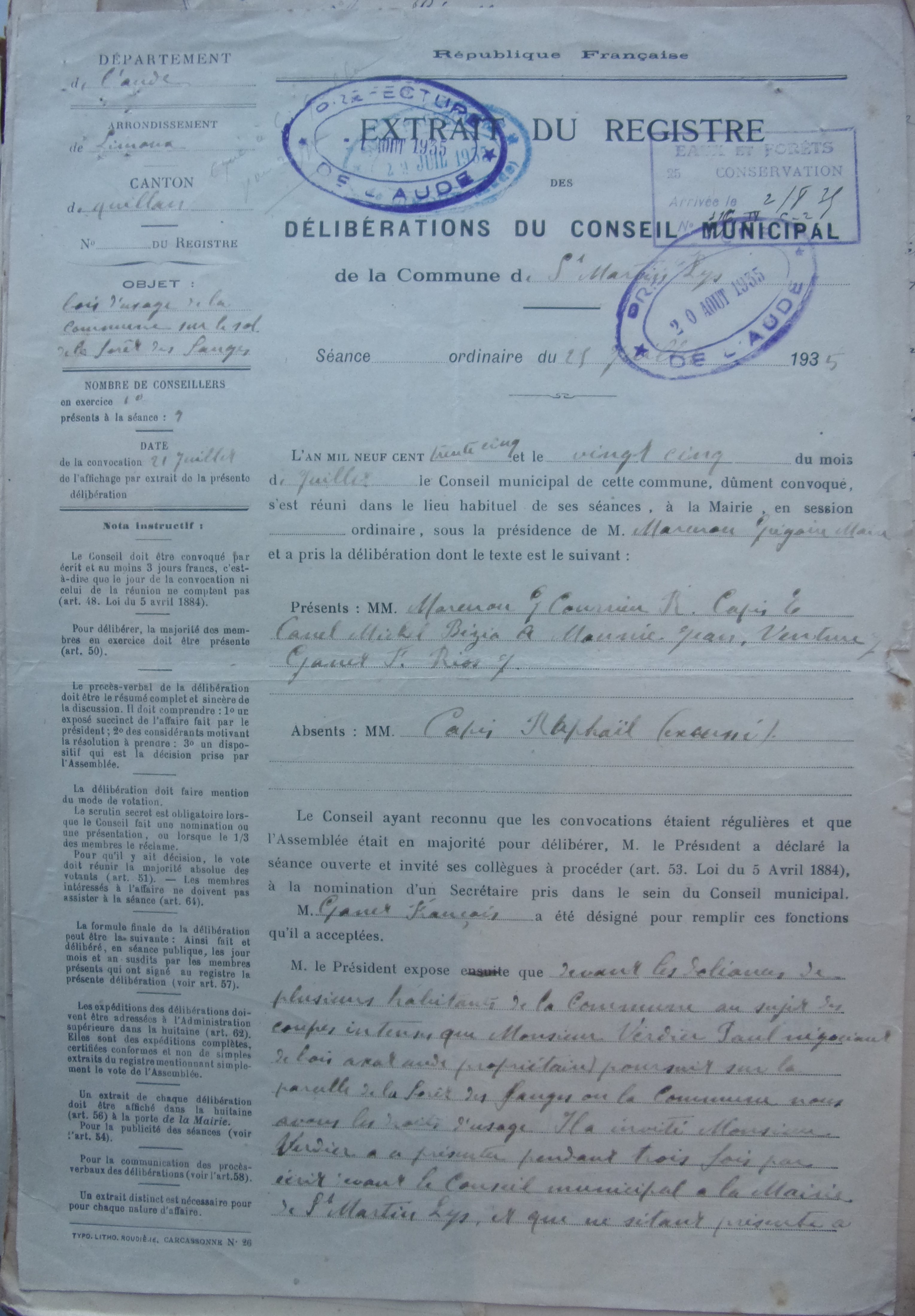 25 juillet 1935 - Délibération du conseil municipal - droits d'usage de la commune sur le sol de la forêt des Fanges p1