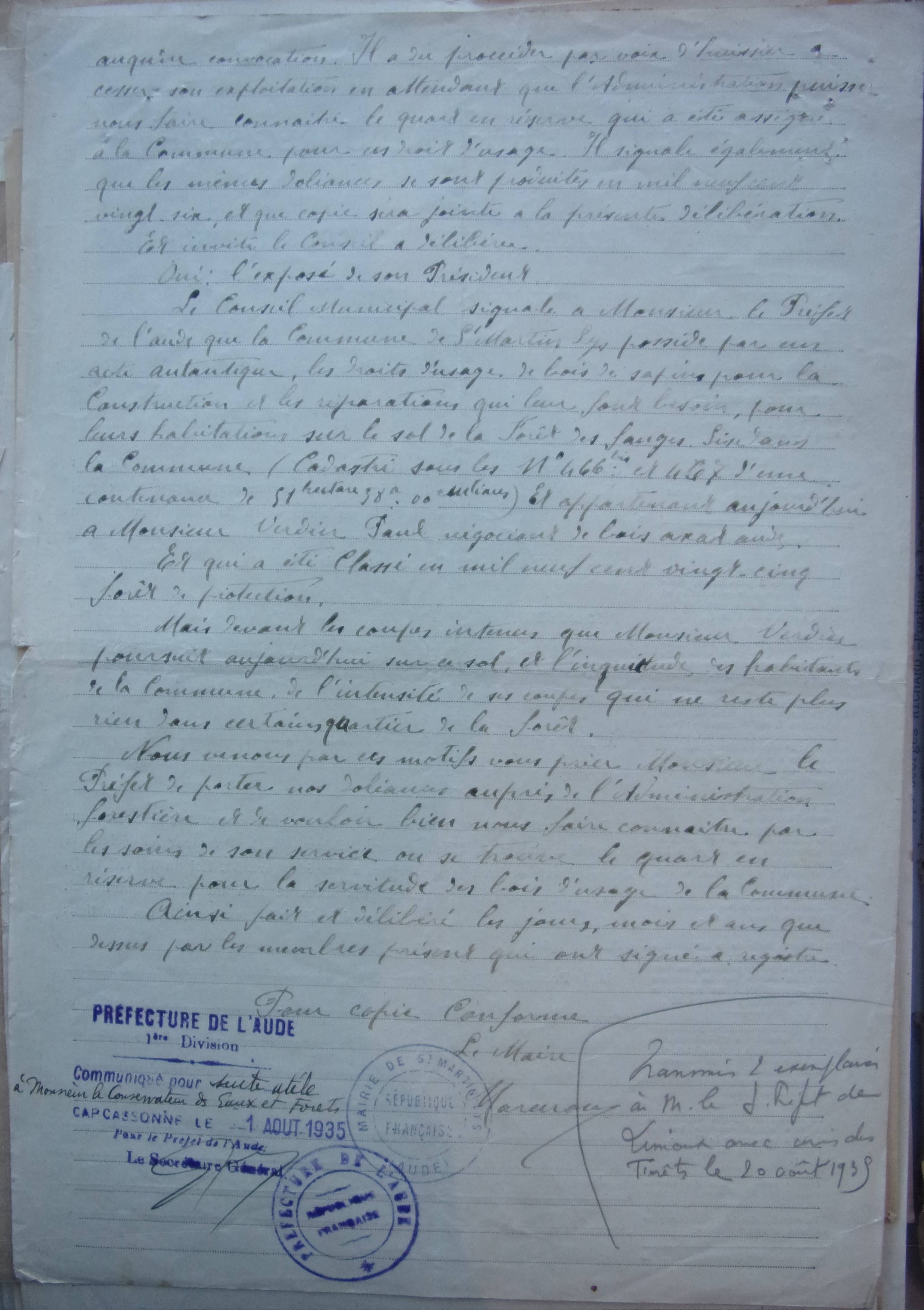 25 juillet 1935 - Délibération du conseil municipal - droits d'usage de la commune sur le sol de la forêt des Fanges p2