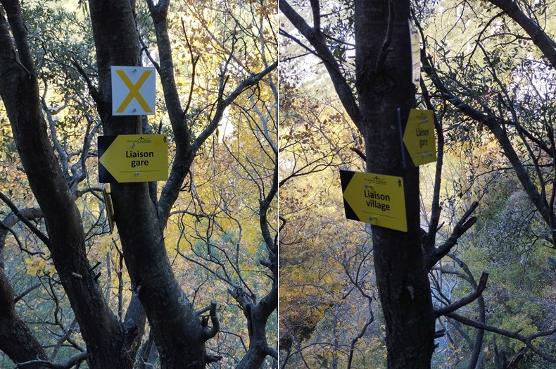 Panneau signalant le sentier vers la gare