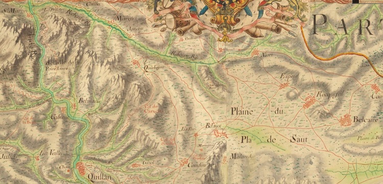 Carte des routes en 1722 au sud de Quillan