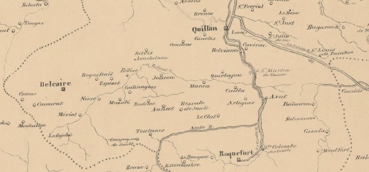 Carte des routes en 1836 au sud de Quillan