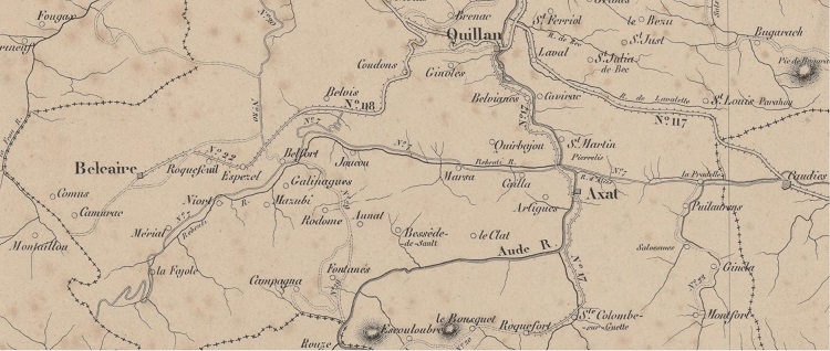 Carte des routes en 1850 au sud de Quillan