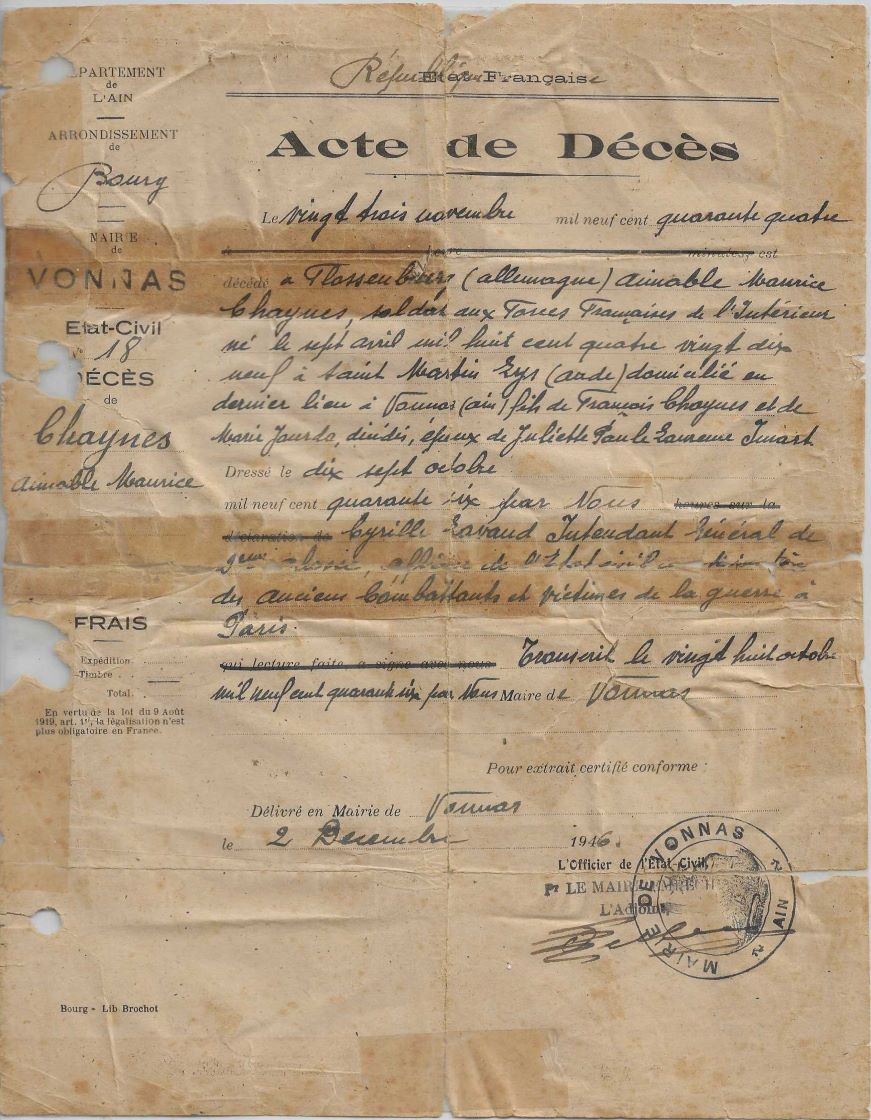 Aimable chaynes - Acte de décès