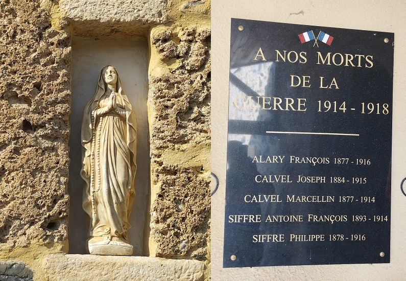 Galinagues, Sculture extérieure à l'église de Marie et plaque commémorative de la guerre de 1914