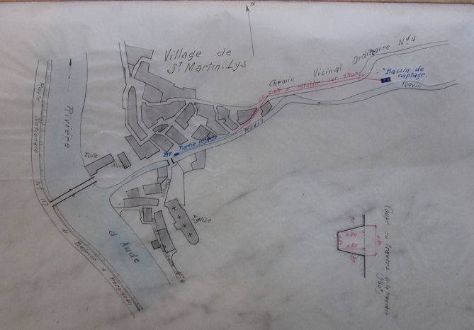 St Martin Lys, plan général de la canalisation amenant l'eau du bassin de captage à la fontaine publique