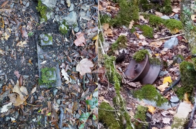 Gorges de St Gorges, Pièces de ferraille restantes - retenues de traverse - poulie de freinage