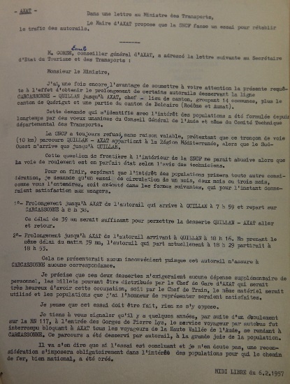 Etude pour le rétablissement prévisionnel du service voyageur entre Axat et Quillan Annexe article midi libre du 6 février 1957
